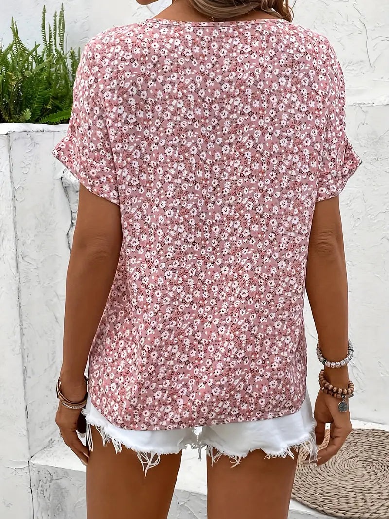 Women’s Casual Floral Button-Detail Short Sleeve Blouse