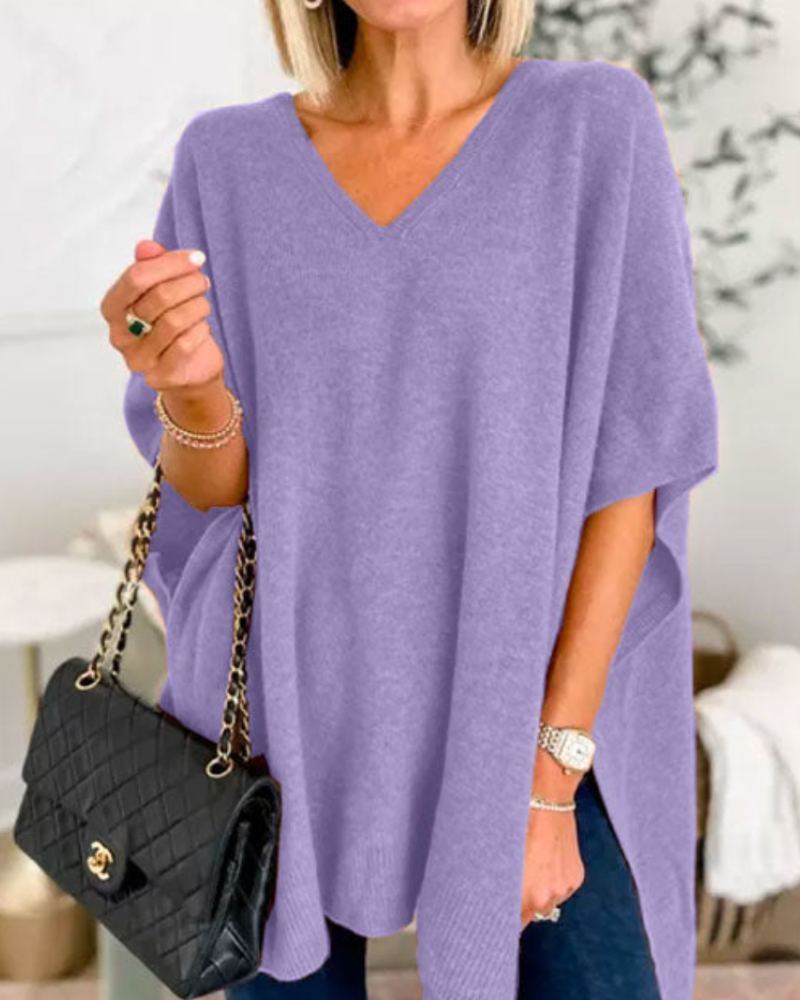 Women's V-Neck Knit Poncho Oversized Sweater