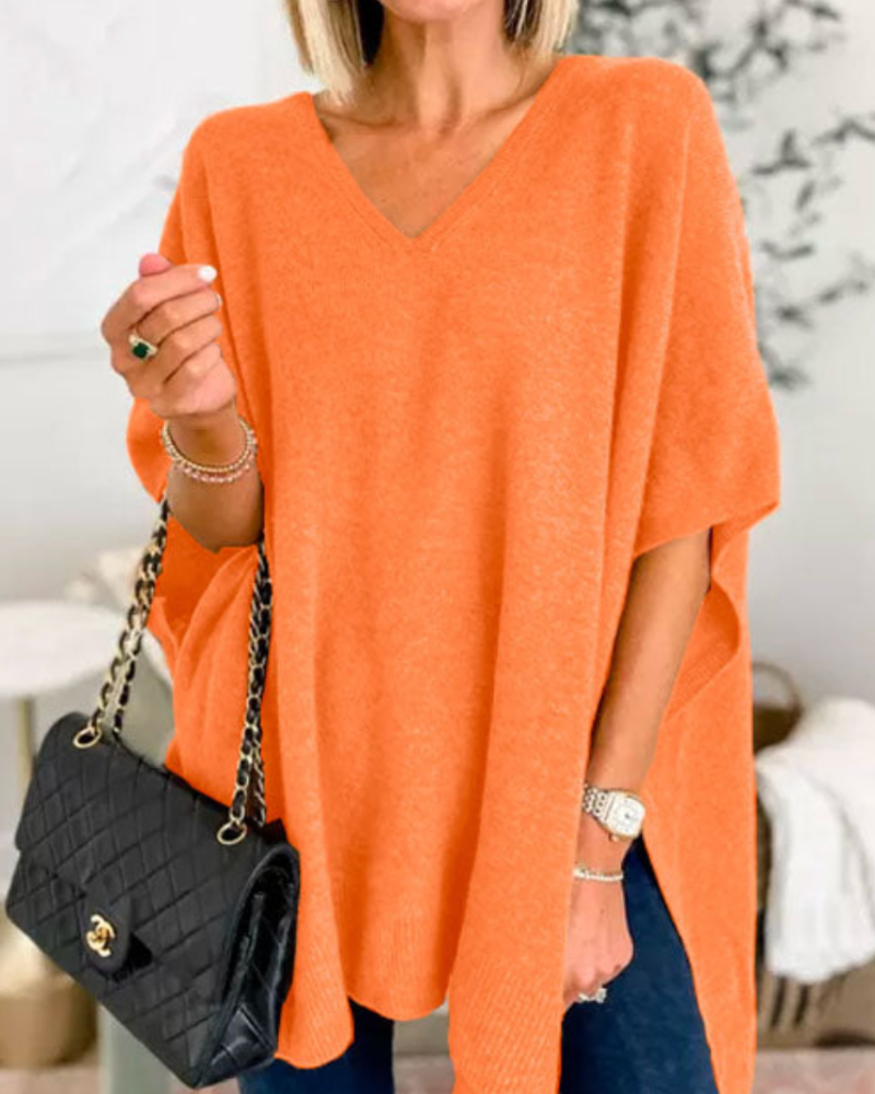 Women's V-Neck Knit Poncho Oversized Sweater