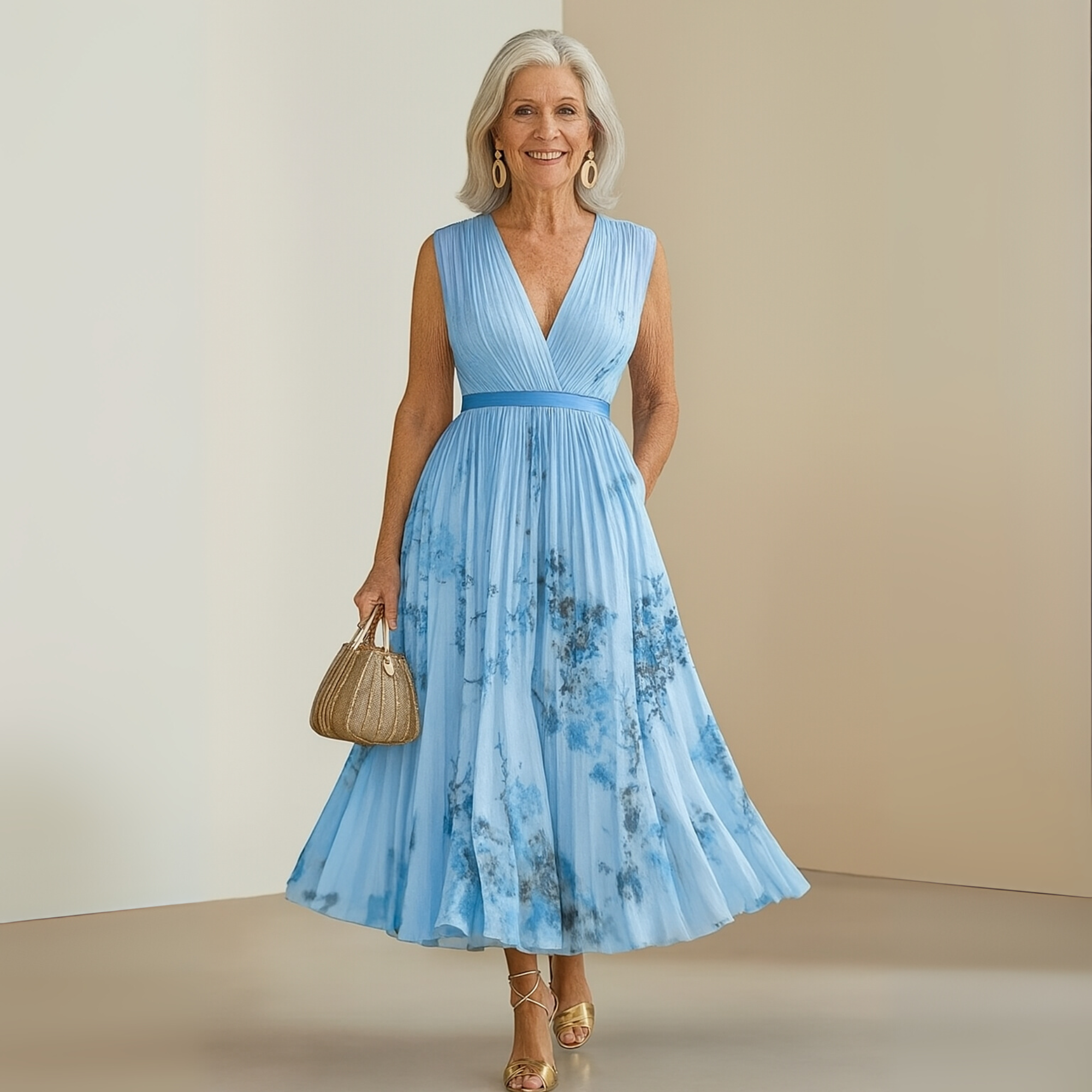 Women's Sleeveless Deep V-Neck Pleated Maxi Dress