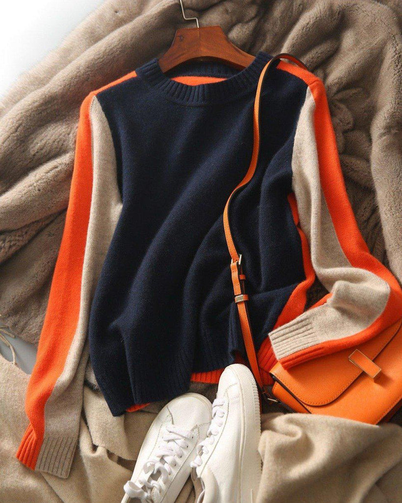 Women's Color Block Knit Sweater with Contrast Sleeves