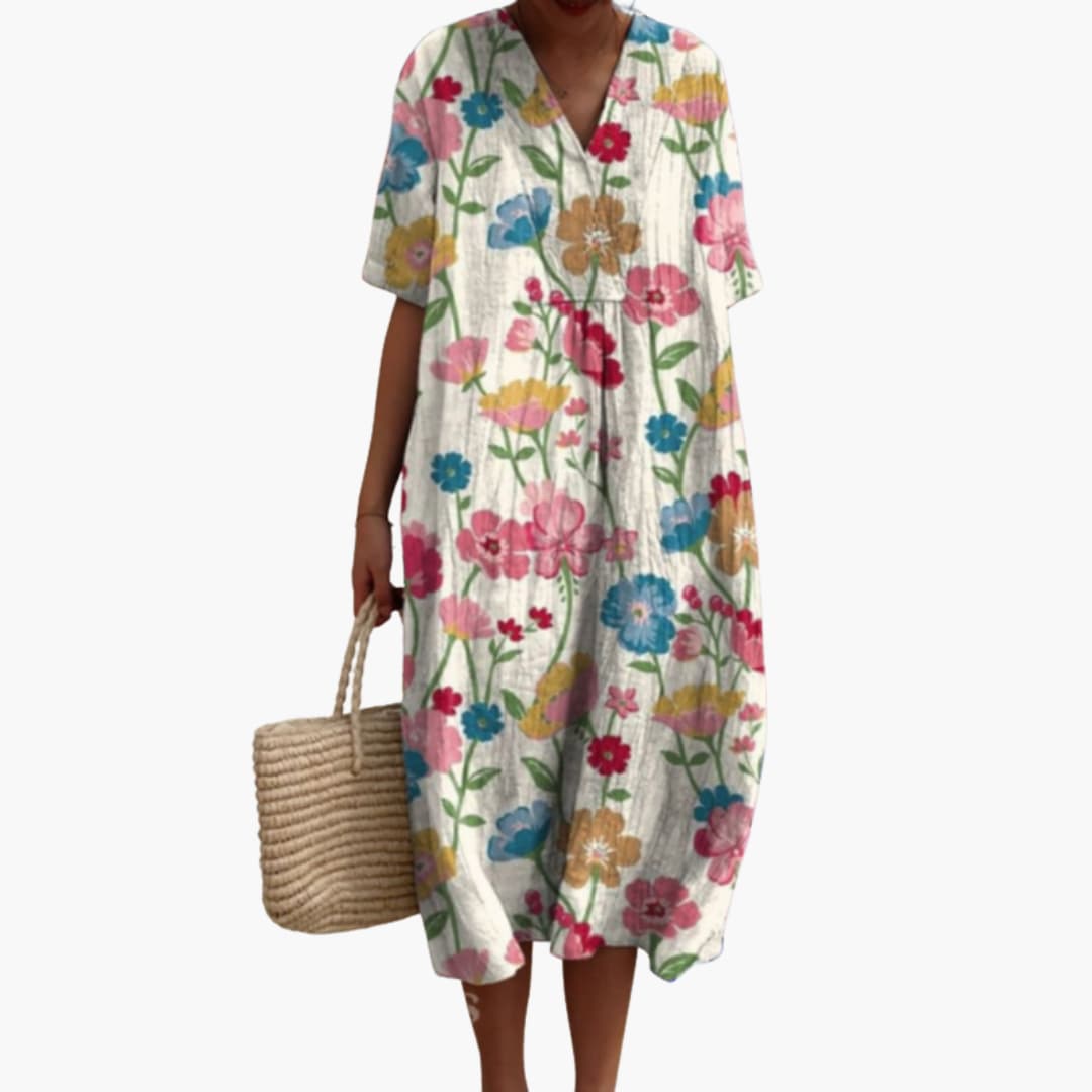 Women's Floral Print Relaxed Midi Dress with Pockets