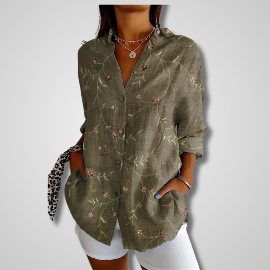 Women’s Vintage Floral Print Button-Up Blouse with Relaxed Fit
