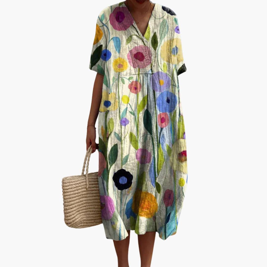 Women's Floral Print Relaxed Midi Dress with Pockets
