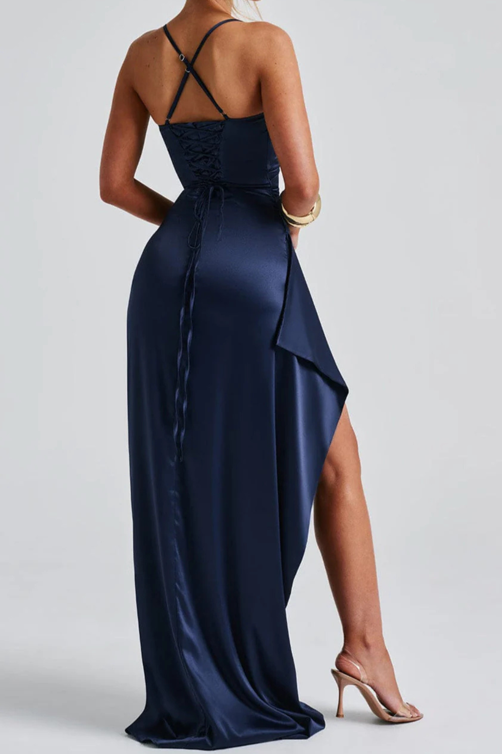 Women's Spaghetti Strap Ruched Maxi Dress High Slit
