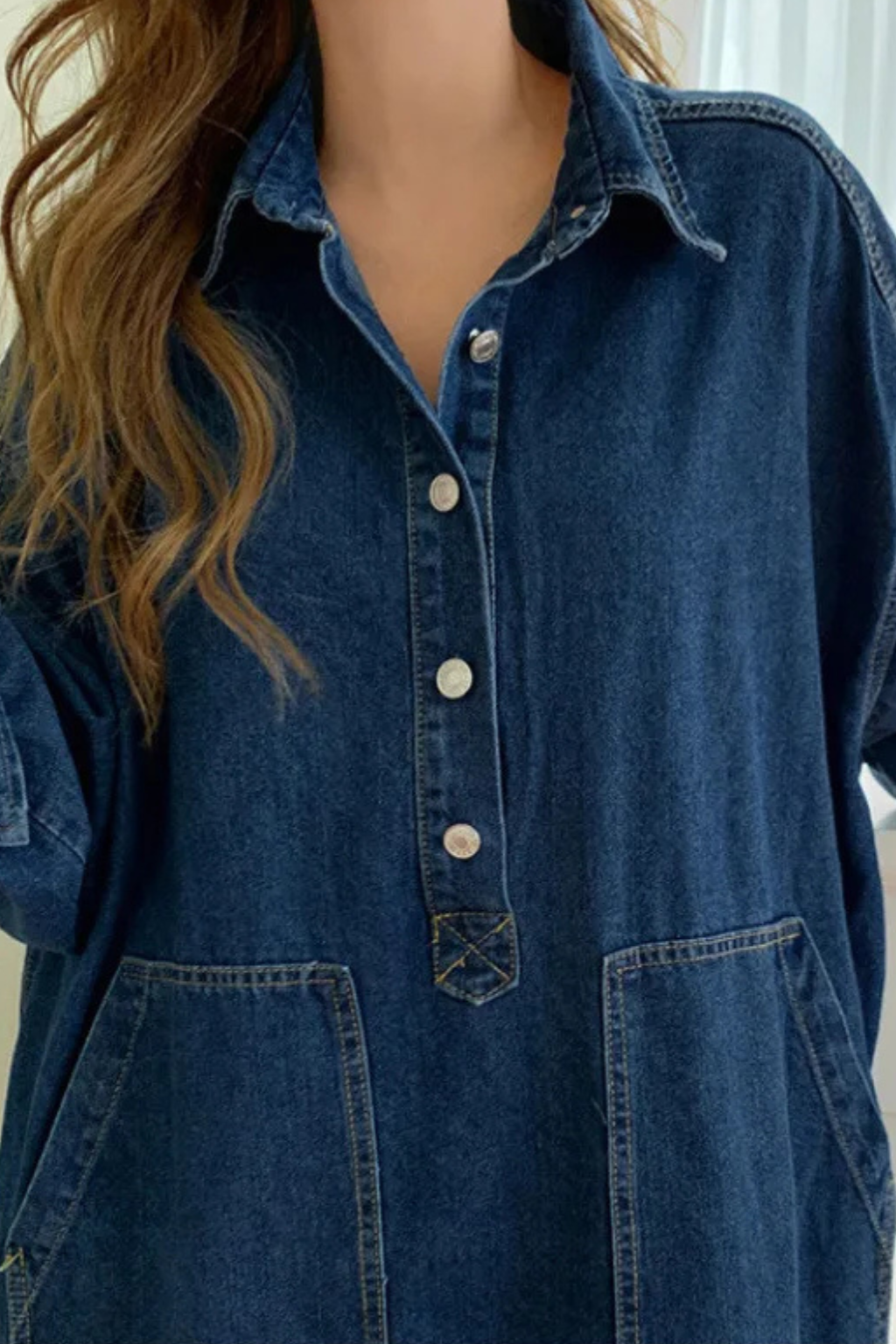 Women’s Oversized Denim Shirt Maxi Dress with Button Front