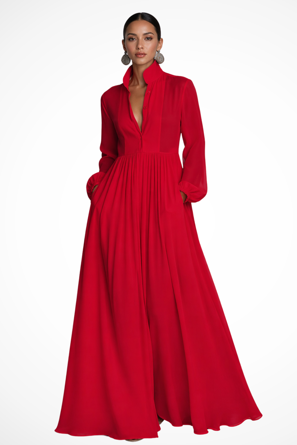 Women's Long Sleeve Button Maxi Dress with Pockets