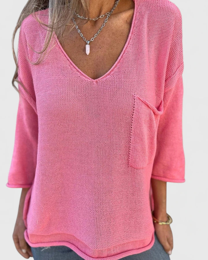 Women's V-Neck Fine Knit Sweater with Chest Pocket