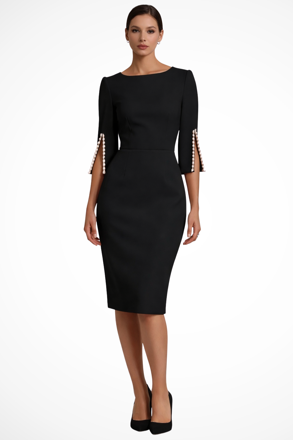 Women’s Elegant Pearl Sleeve Midi Bodycon Dress