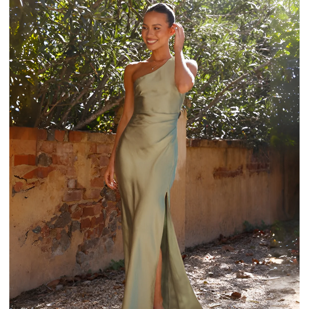 One Shoulder Side Slit Satin Maxi Dress