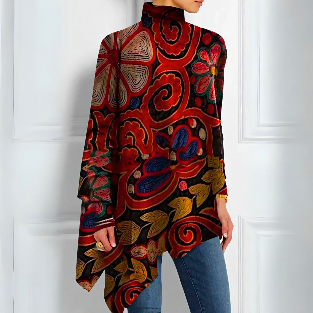 Women's Floral Print Tunic High Neck Asymmetric Top