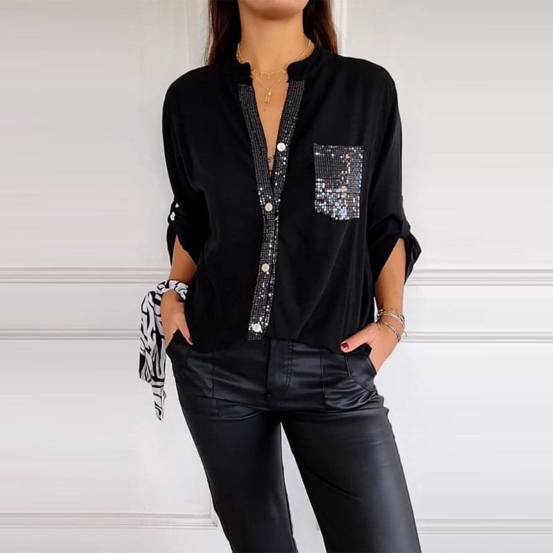 Women's Sequin Pocket Button-Up Blouse