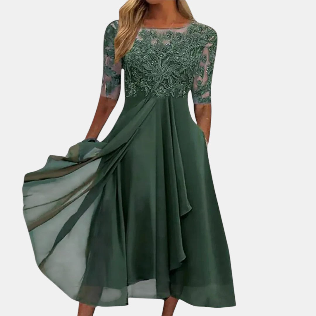 Women’s Elegant Chiffon Lace Midi Dress