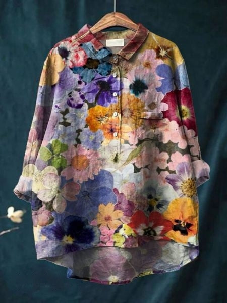 Women's Abstract Floral Long Sleeve Button-Front Blouse