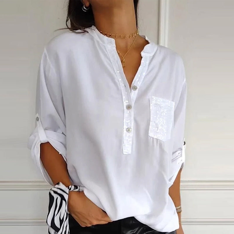 Women's Sequin Pocket Button-Up Blouse