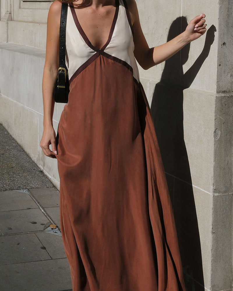 Women's Chic V-Neck Dress with Contrasting Color Detailing