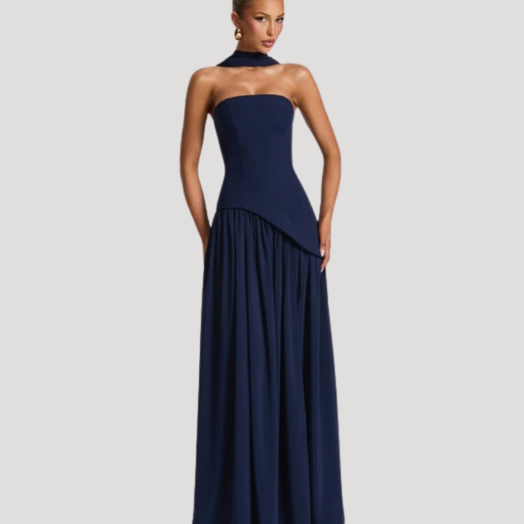 Women's Strapless High-Slit Evening Maxi Dress with Scarf Detail