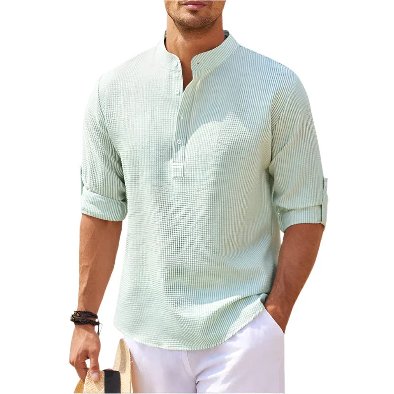 Men’s Band Collar Henley Shirt with Button Placket and Rolled Sleeves