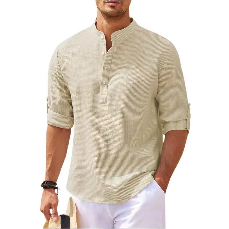 Men’s Band Collar Henley Shirt with Button Placket and Rolled Sleeves