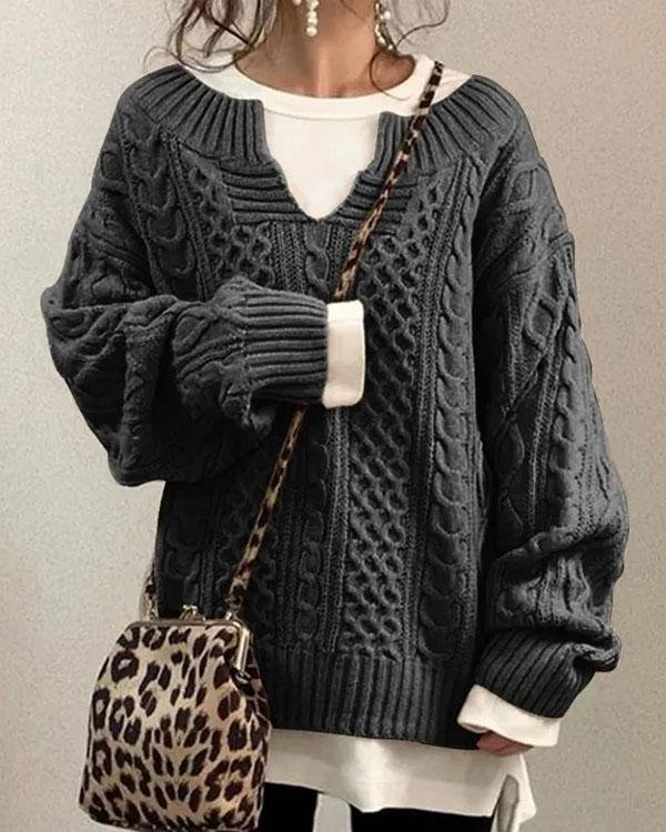 Women's Oversized Cable V-Neck Knit Sweater
