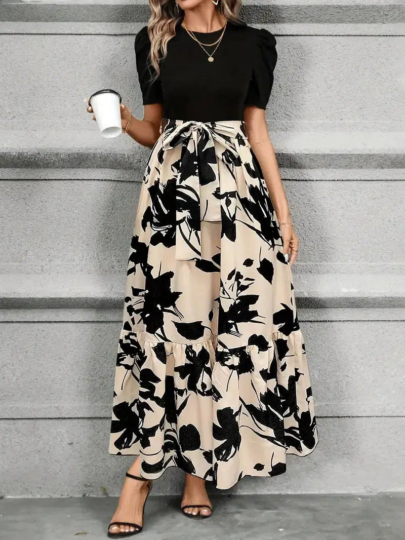 Women’s Elegant Floral Print Maxi Dress with Puff Sleeves