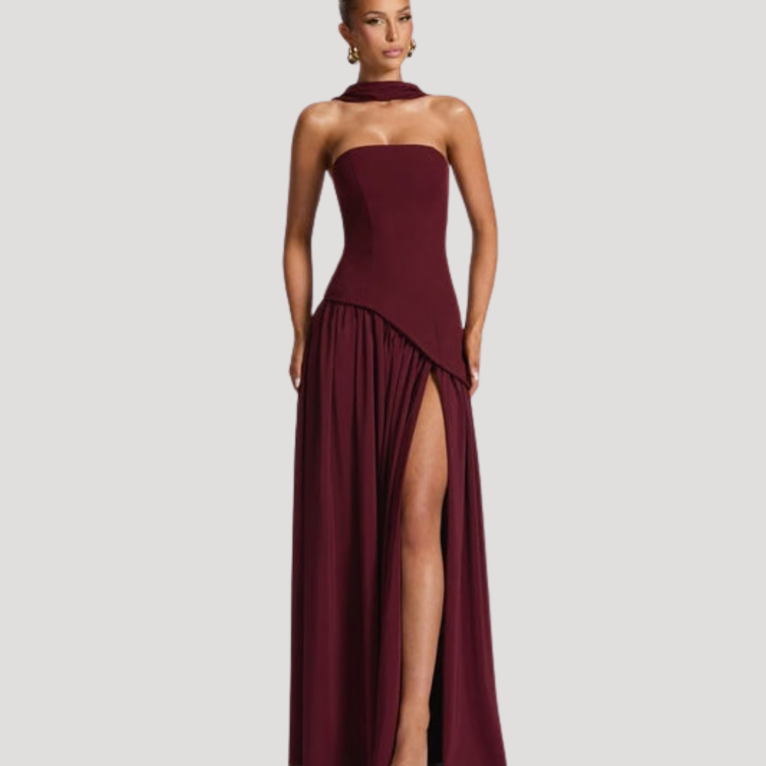 Women's Strapless High-Slit Evening Maxi Dress with Scarf Detail