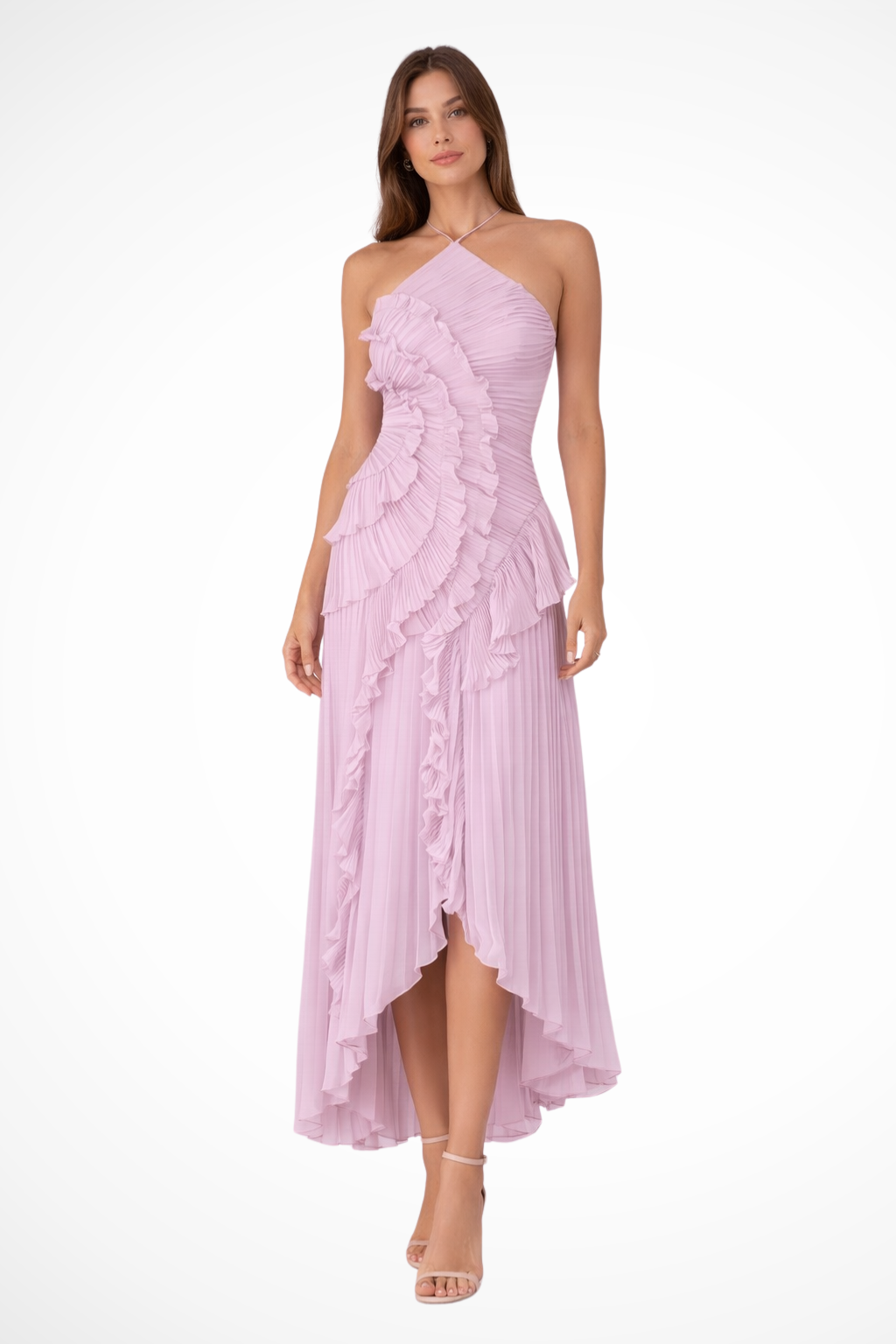 Women's Sleeveless Halter Backless Cascading Ruffle Maxi Dress
