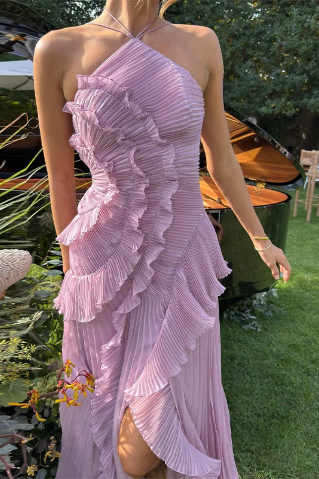 Women's Sleeveless Halter Backless Cascading Ruffle Maxi Dress