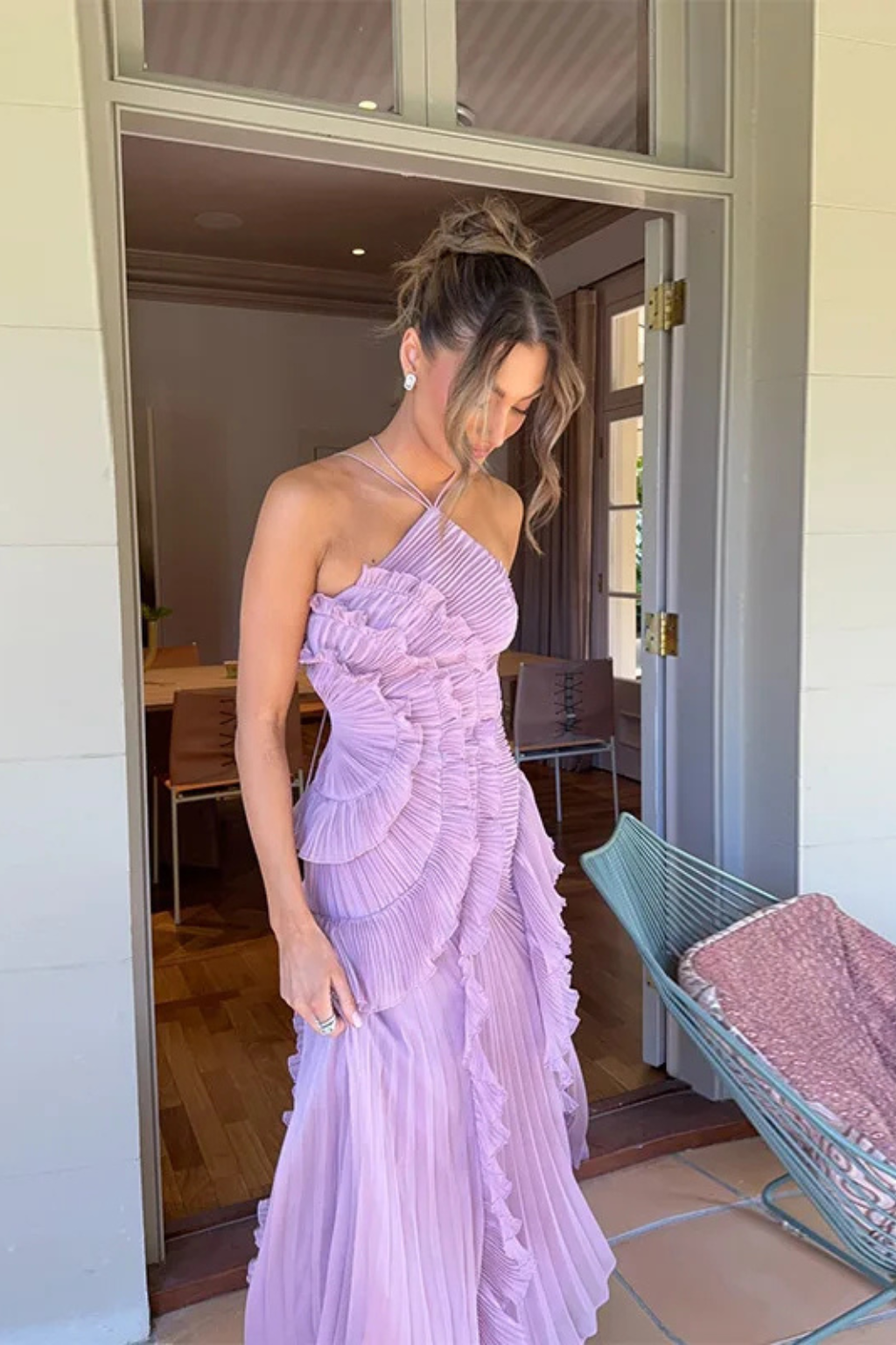 Women's Sleeveless Halter Backless Cascading Ruffle Maxi Dress