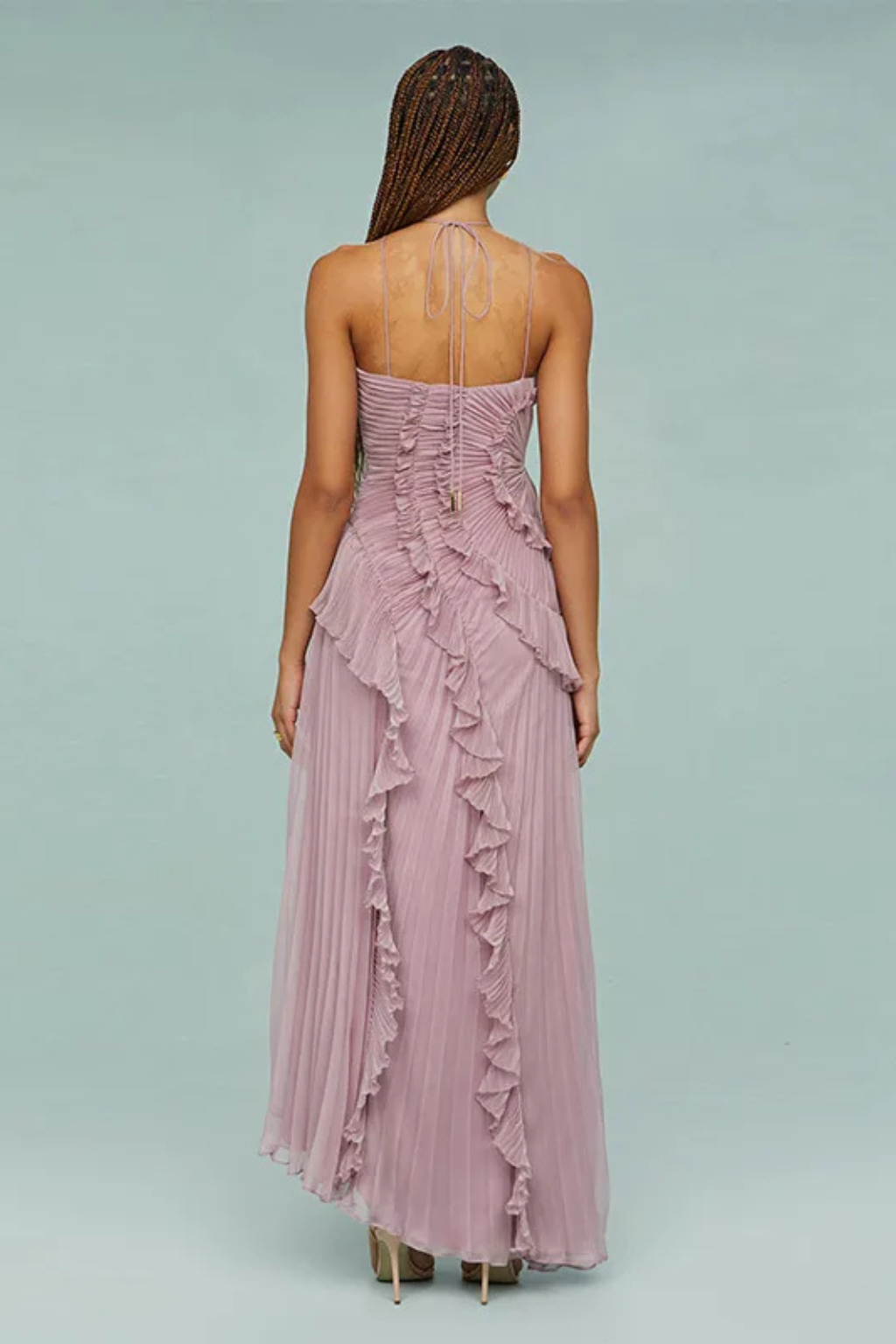 Women's Sleeveless Halter Backless Cascading Ruffle Maxi Dress