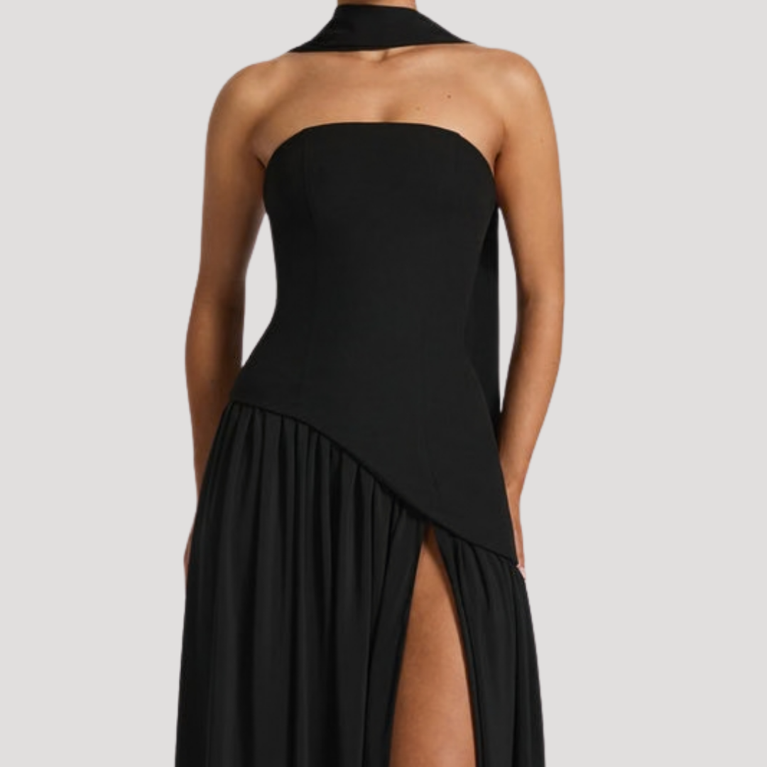 Women's Strapless High-Slit Evening Maxi Dress with Scarf Detail