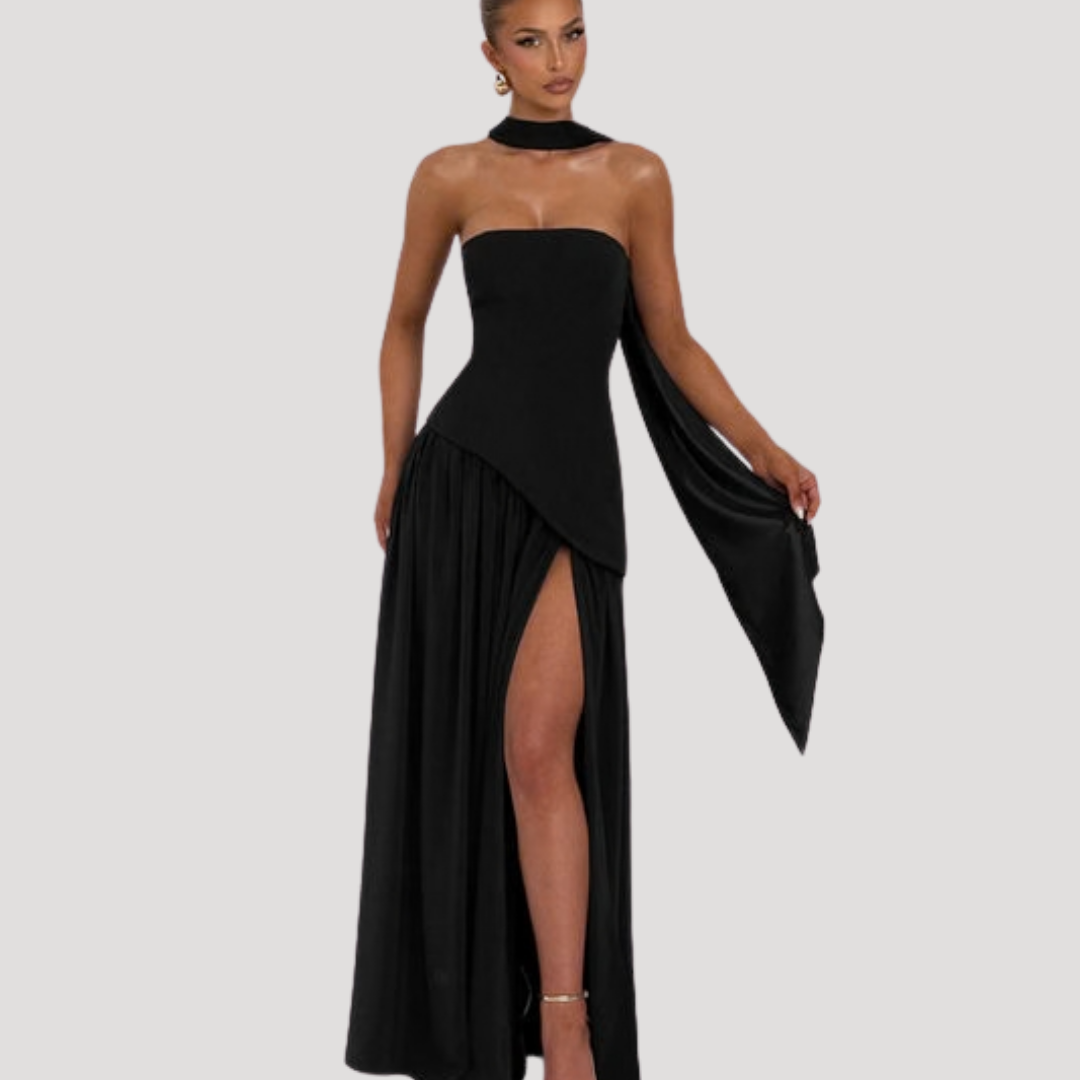 Women's Strapless High-Slit Evening Maxi Dress with Scarf Detail