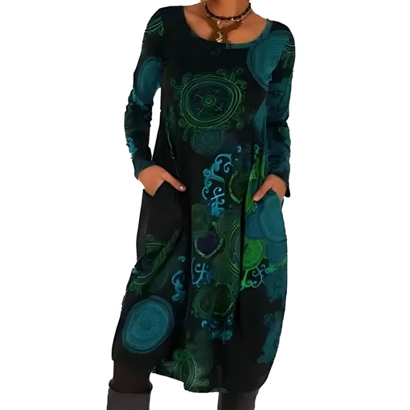 Women's Bohemian Abstract Print Midi Dress with Pockets