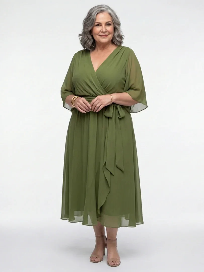 Women's V-Neck Draped Waist Tie Midi Dress
