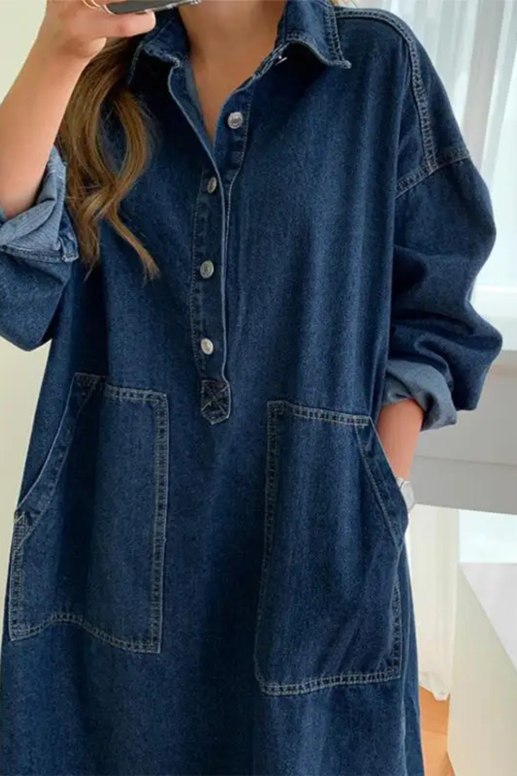 Women’s Oversized Denim Shirt Maxi Dress with Button Front