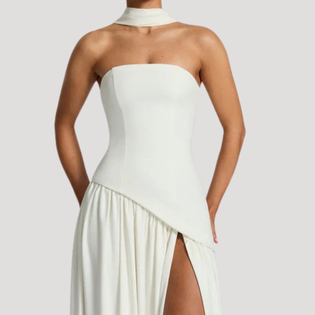 Women's Strapless High-Slit Evening Maxi Dress with Scarf Detail