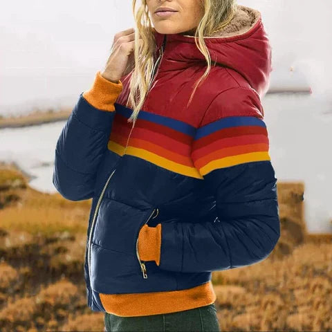 Women's Retro Rainbow Stripe Puffer Jacket