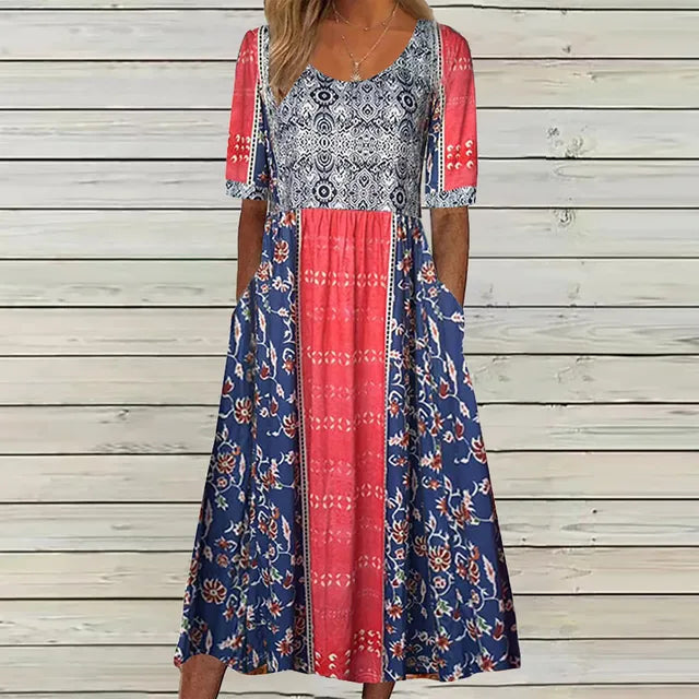 Women's Boho Print Square Neck Shirred Midi Dress
