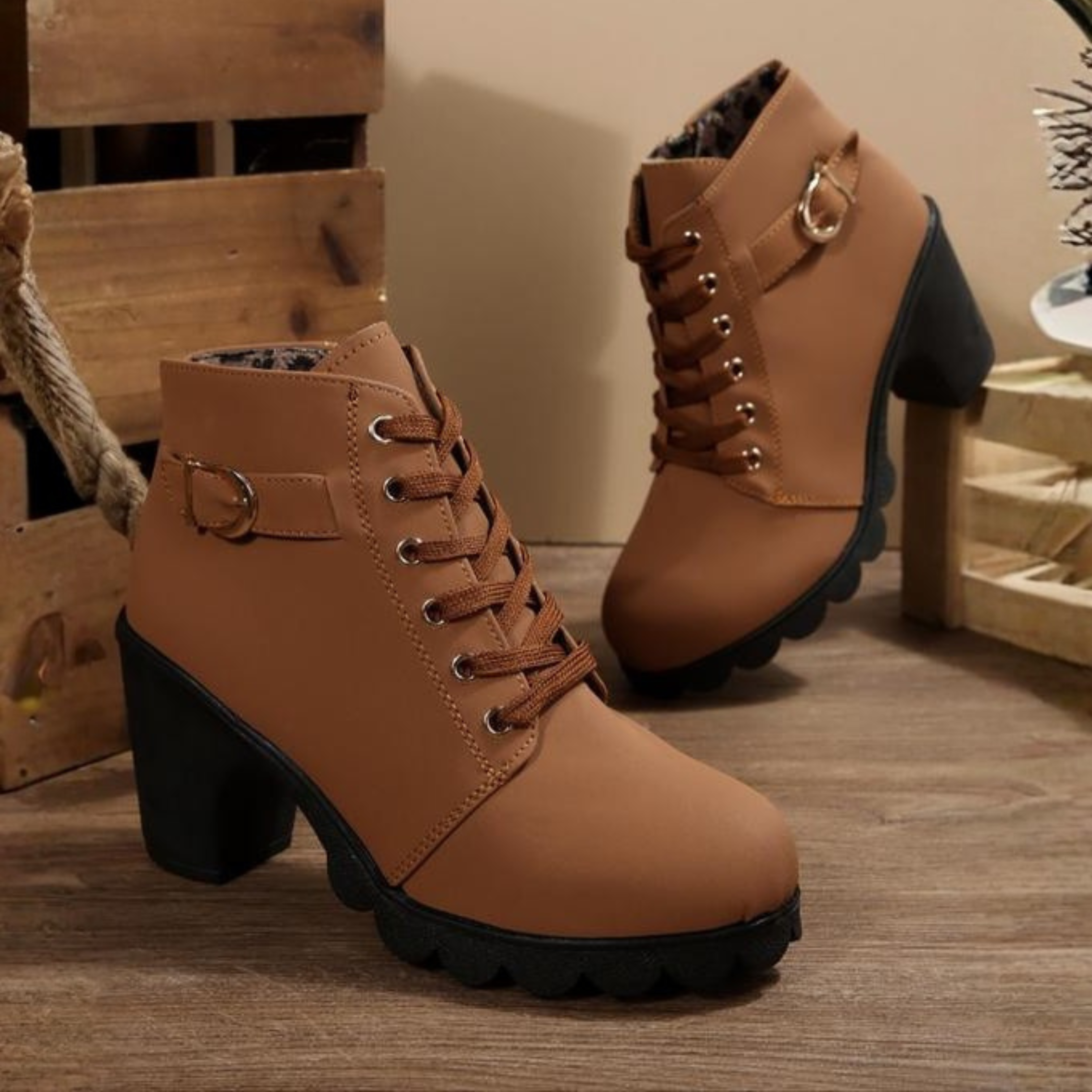 Women's Lace-Up Metal Buckle Chunky Ankle Boots
