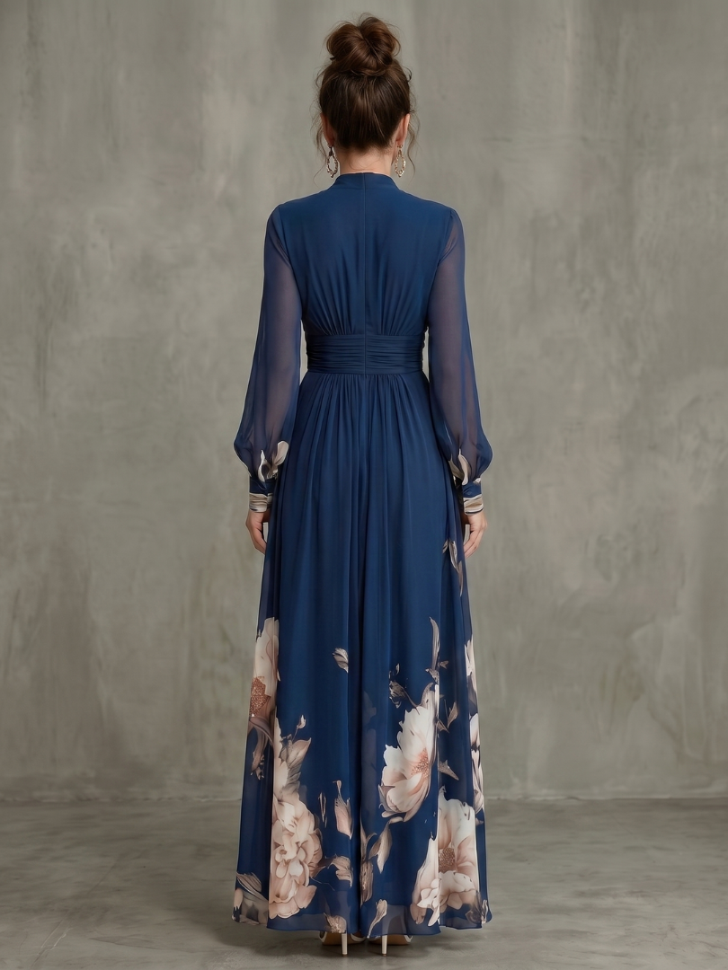 Women's Pleated Maxi Dress with Sheer Sleeves