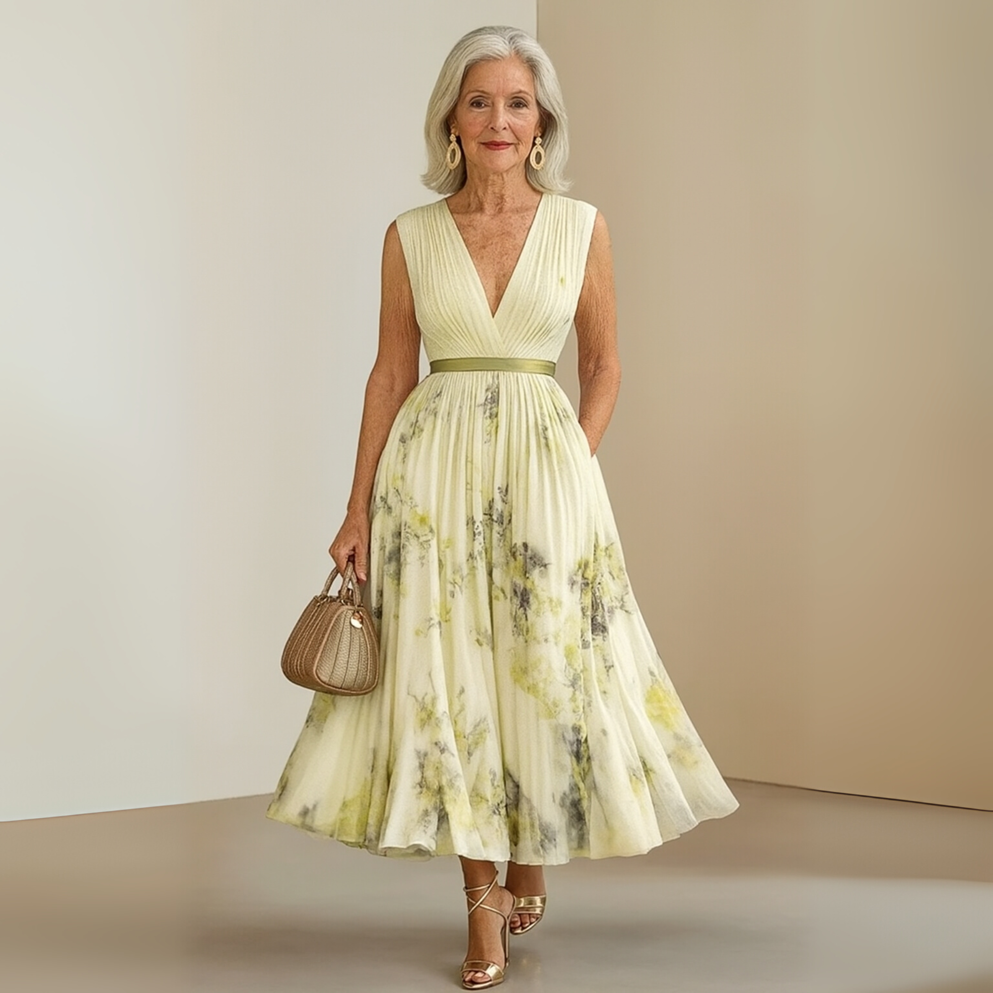 Women's Sleeveless Deep V-Neck Pleated Maxi Dress