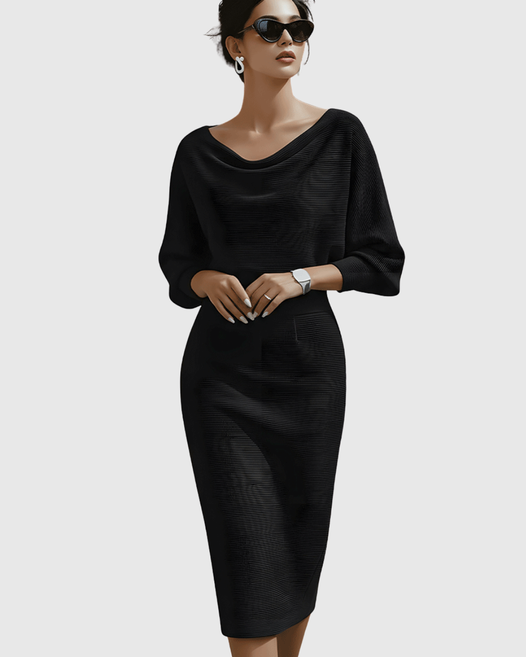 Women's Elegant Draped Neck Bodycon Midi Dress