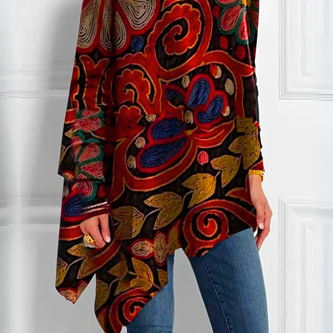 Women's Floral Print Tunic High Neck Asymmetric Top
