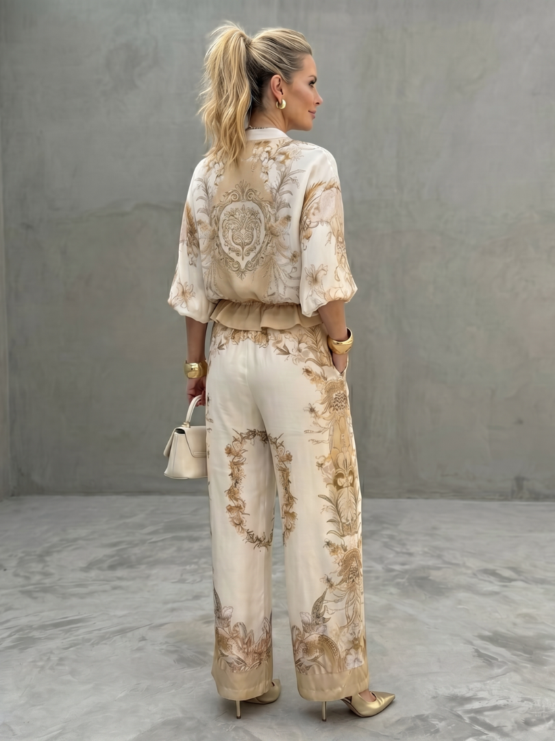 Women's Printed Zip Front Blouson Two Piece Set