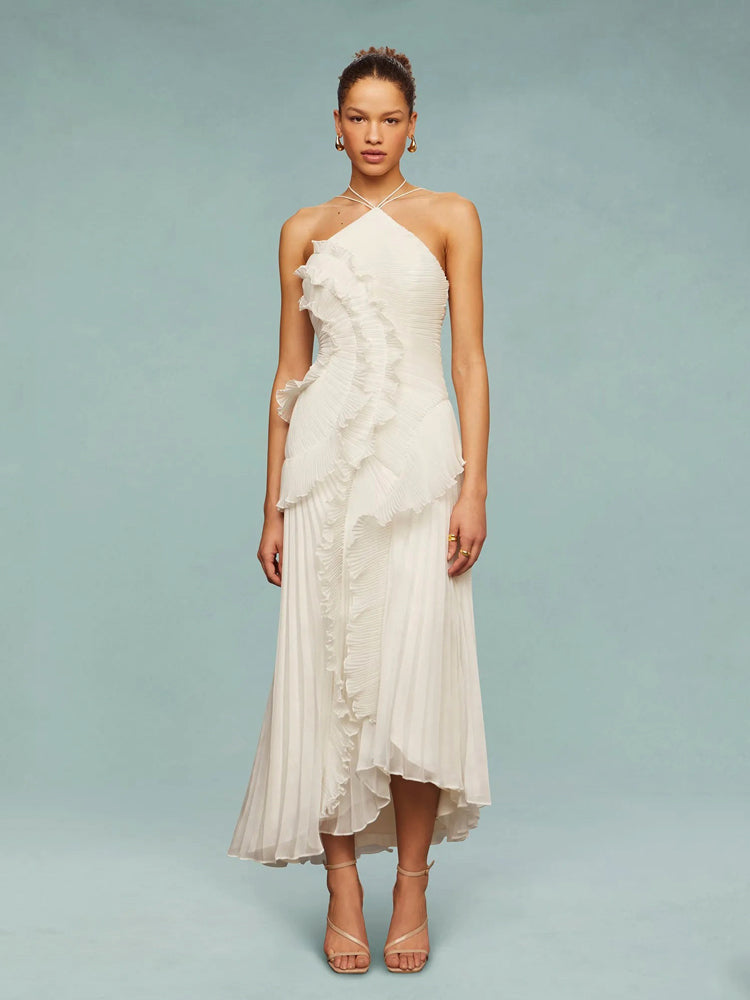 Women’s One-Shoulder Ruffle Maxi Dress with Pleated Asymmetrical Hem