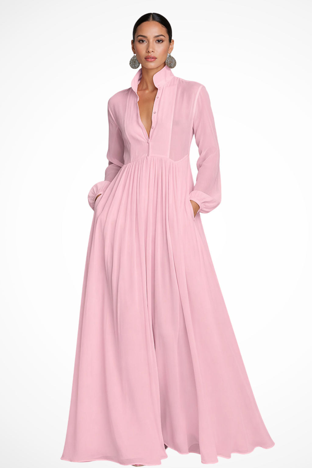 Women's Long Sleeve Button Maxi Dress with Pockets