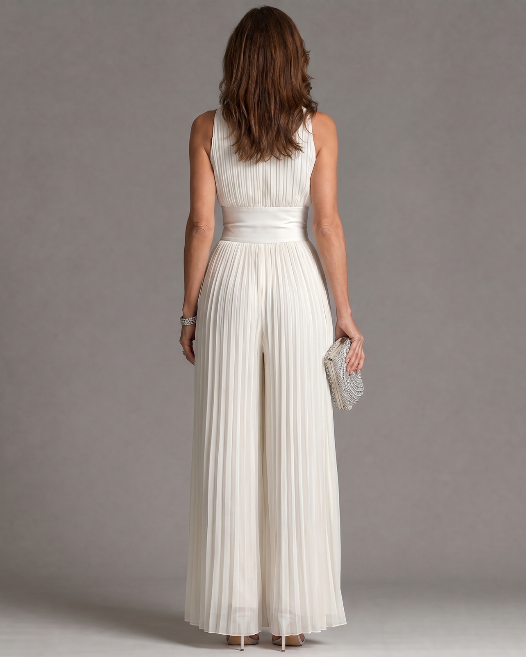 Women's Sleeveless Pleated Halter Wide-Leg Jumpsuit