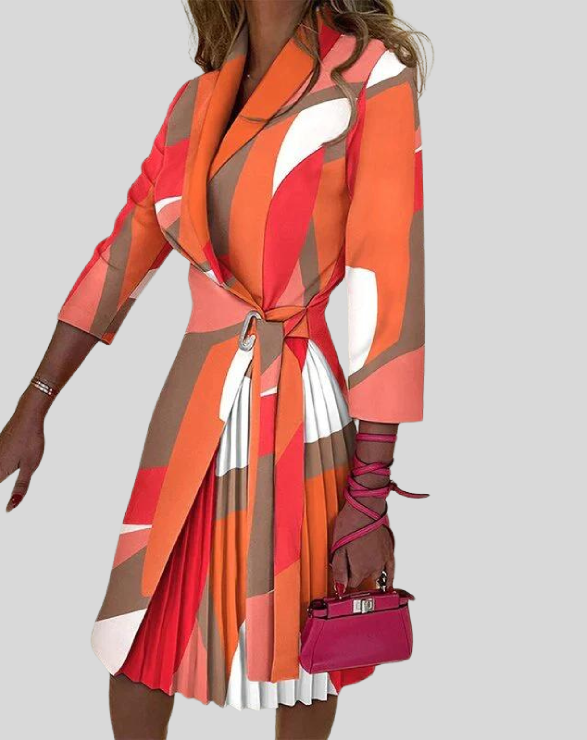 Women's Pleated Wrap Midi Dress with Tie Waist