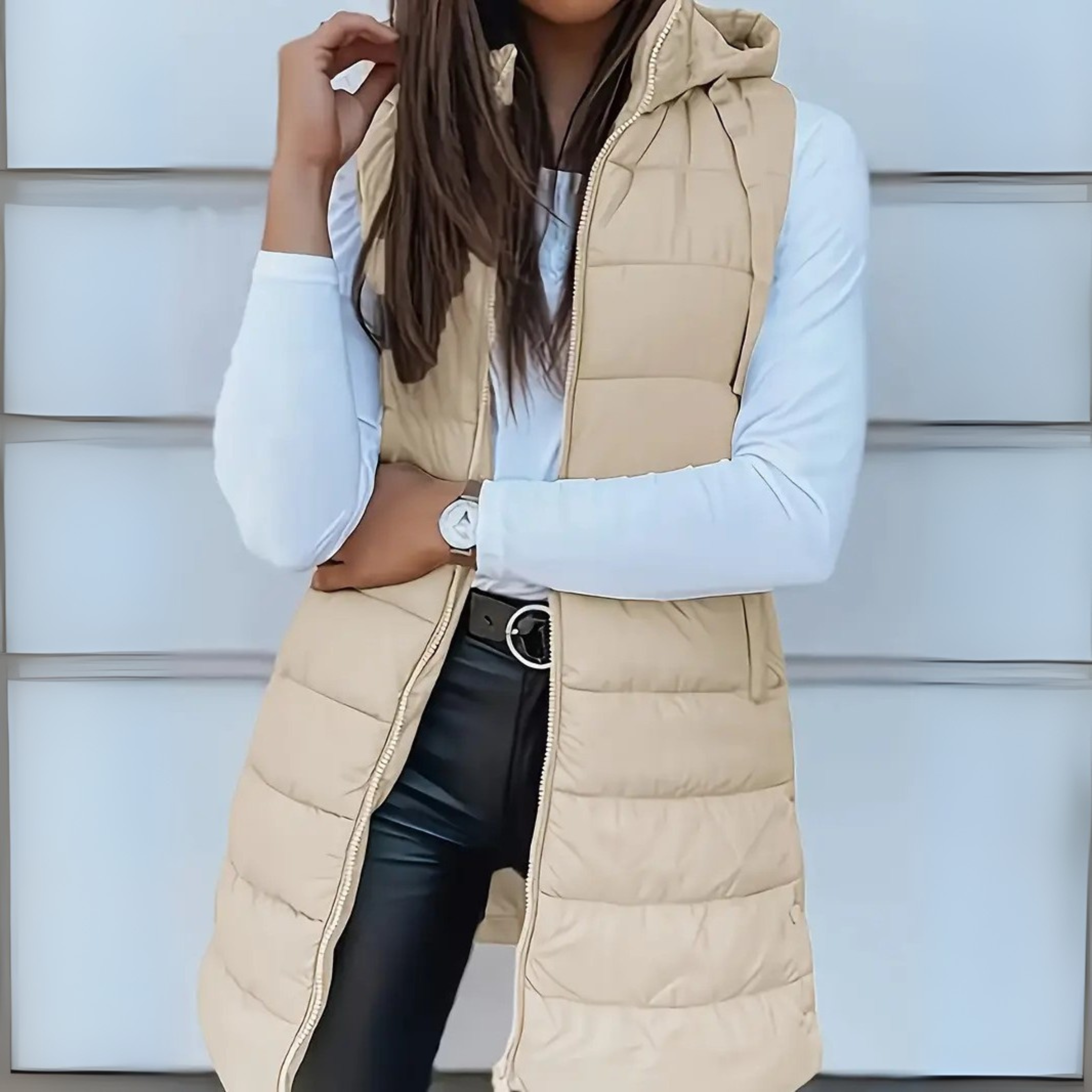 Women's Long Hooded Quilted Sleeveless Puffer Vest