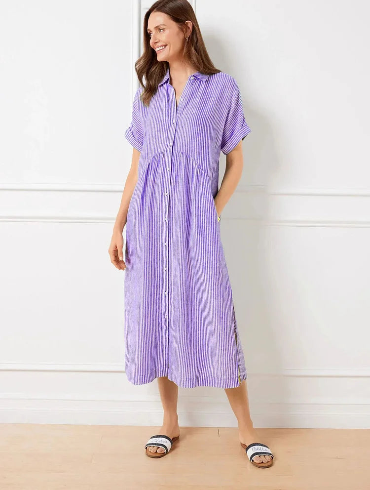 Women’s Relaxed Striped Midi Shirt Dress with Button Front and Side Pockets